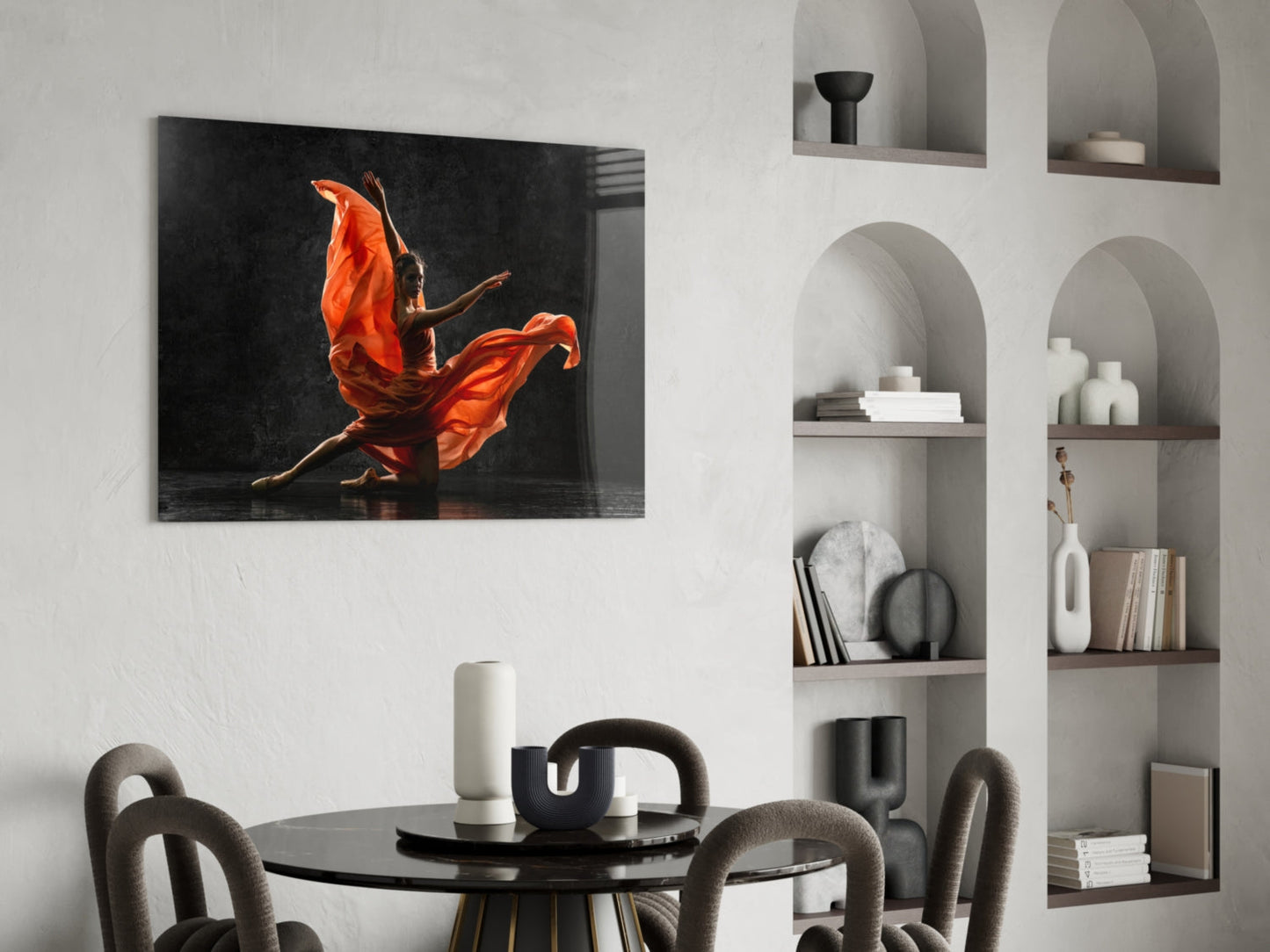 Orange Flowing Dress Dancer on Black Glass Wall Art