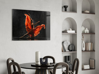 Orange Flowing Dress Dancer on Black Glass Wall Art