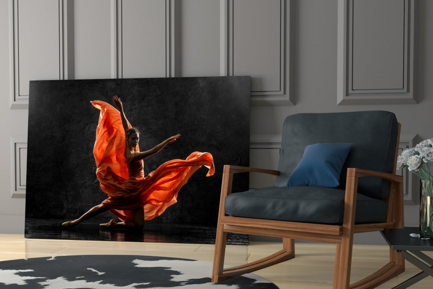 Orange Flowing Dress Dancer on Black Glass Wall Art