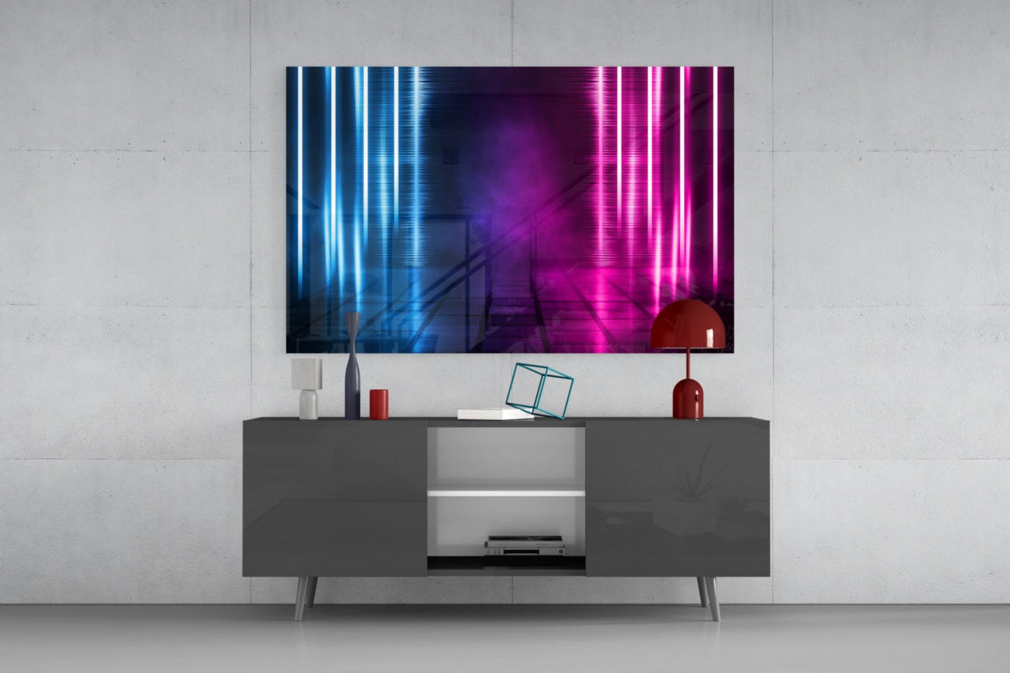 Blue Pink Neon Light Beams Glass Wall Art