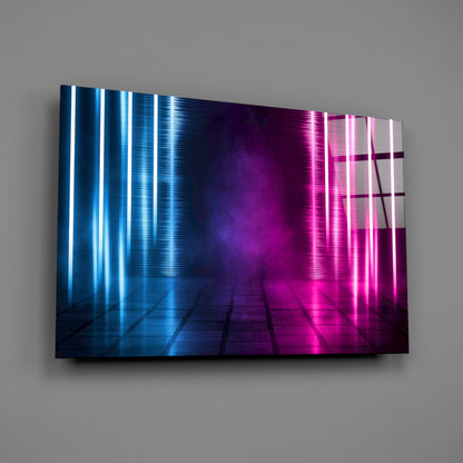 Blue Pink Neon Light Beams Glass Wall Art