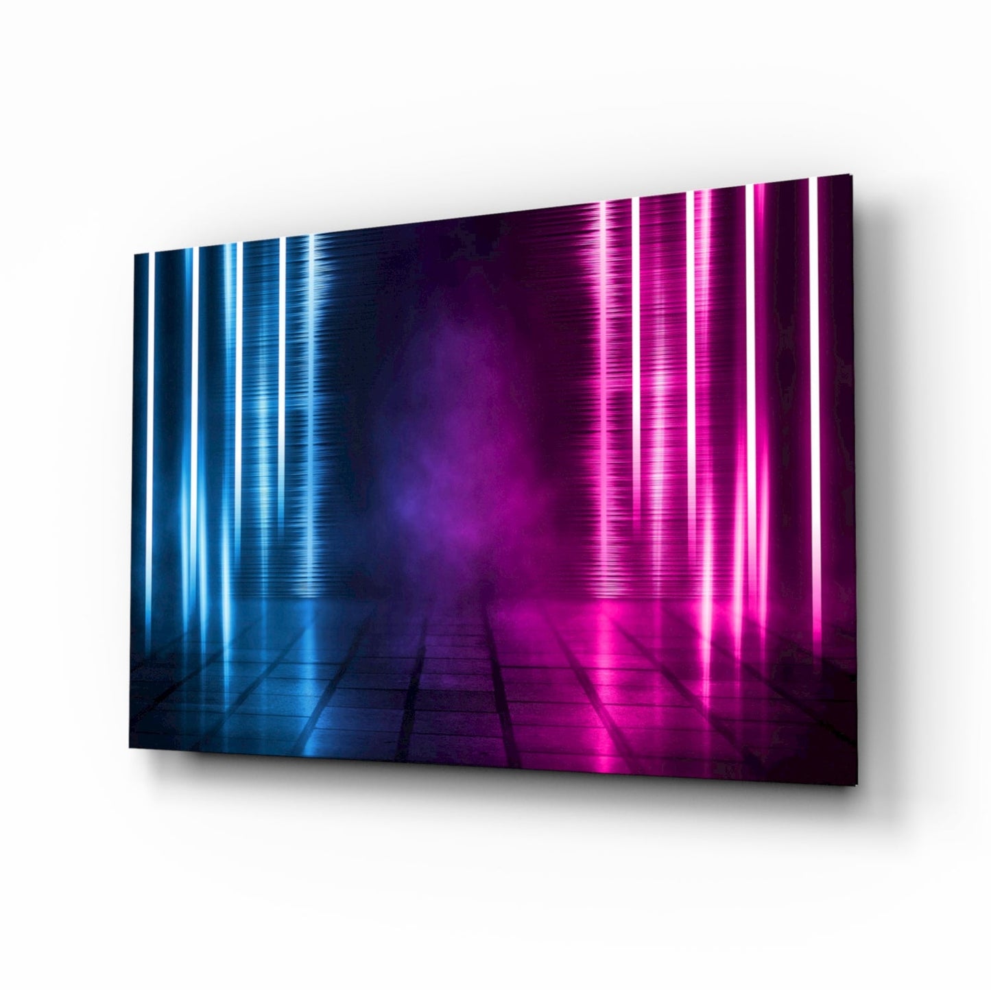 Blue Pink Neon Light Beams Glass Wall Art