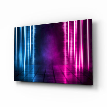 Blue Pink Neon Light Beams Glass Wall Art