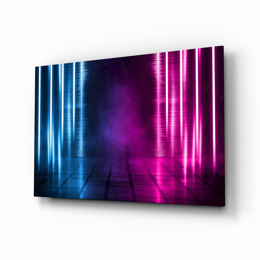 Blue Pink Neon Light Beams Glass Wall Art