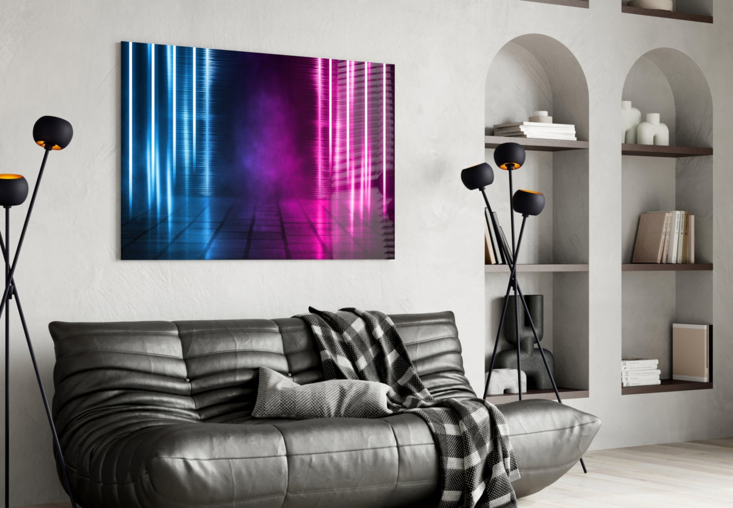 Blue Pink Neon Light Beams Glass Wall Art