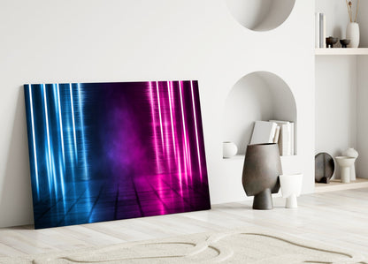 Blue Pink Neon Light Beams Glass Wall Art