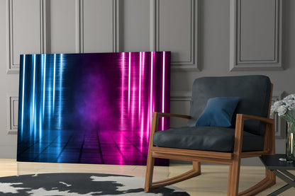 Blue Pink Neon Light Beams Glass Wall Art