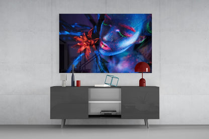 Neon Blue Orange Flower Woman Glass Wall Art