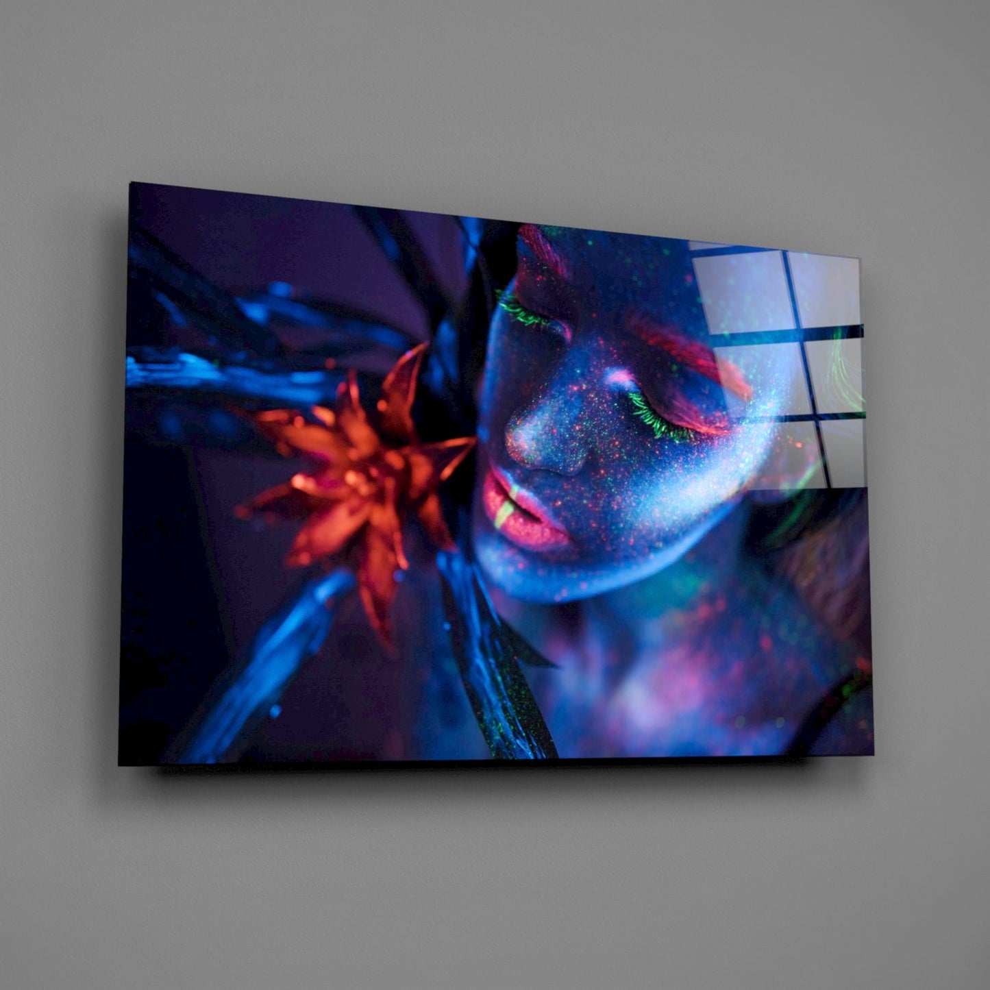 Neon Blue Orange Flower Woman Glass Wall Art