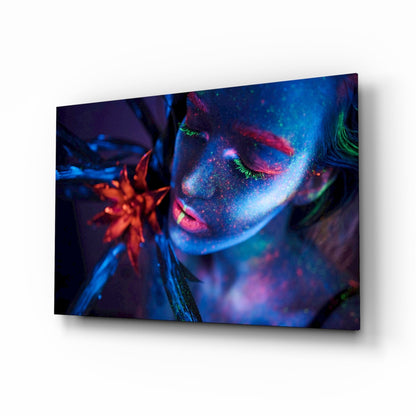 Neon Blue Orange Flower Woman Glass Wall Art