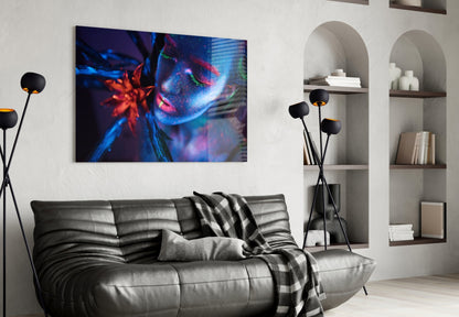Neon Blue Orange Flower Woman Glass Wall Art