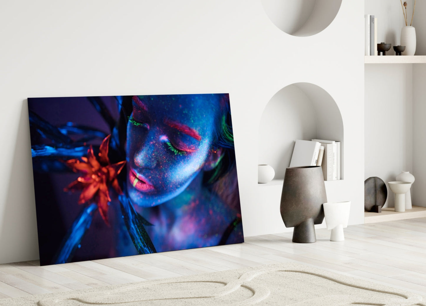 Neon Blue Orange Flower Woman Glass Wall Art