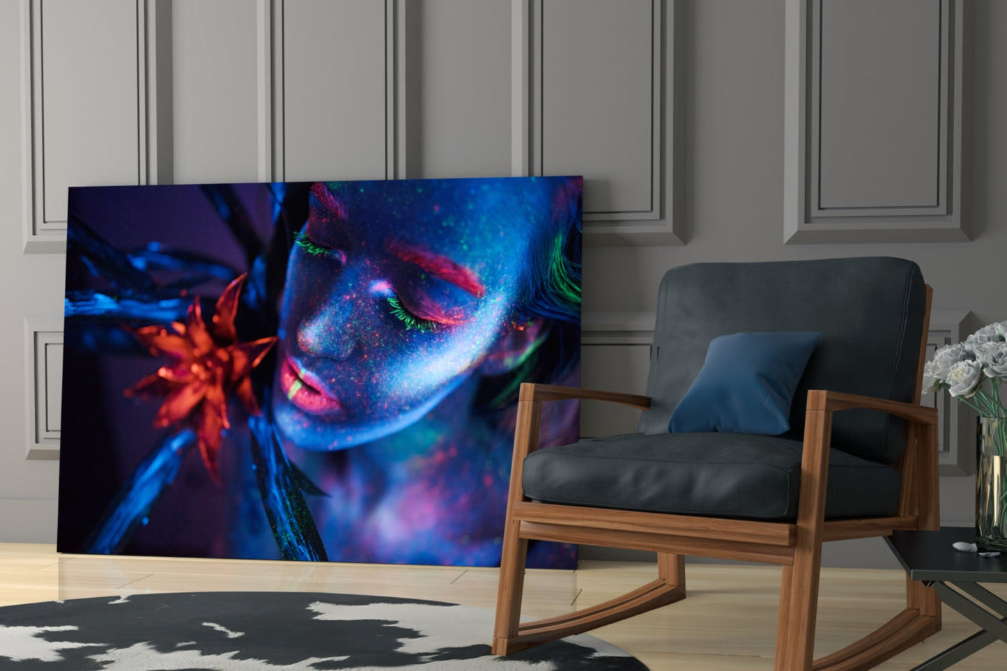 Neon Blue Orange Flower Woman Glass Wall Art