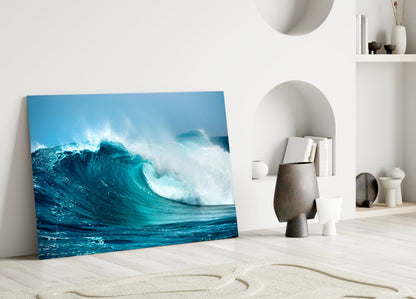 Turquoise Curling Wave Glass Wall Art
