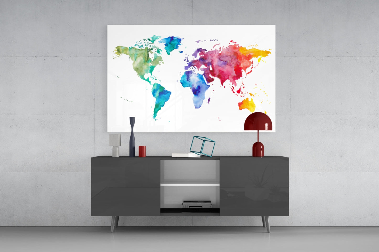 Rainbow Watercolor World Map Glass Wall Art