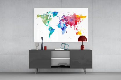 Rainbow Watercolor World Map Glass Wall Art