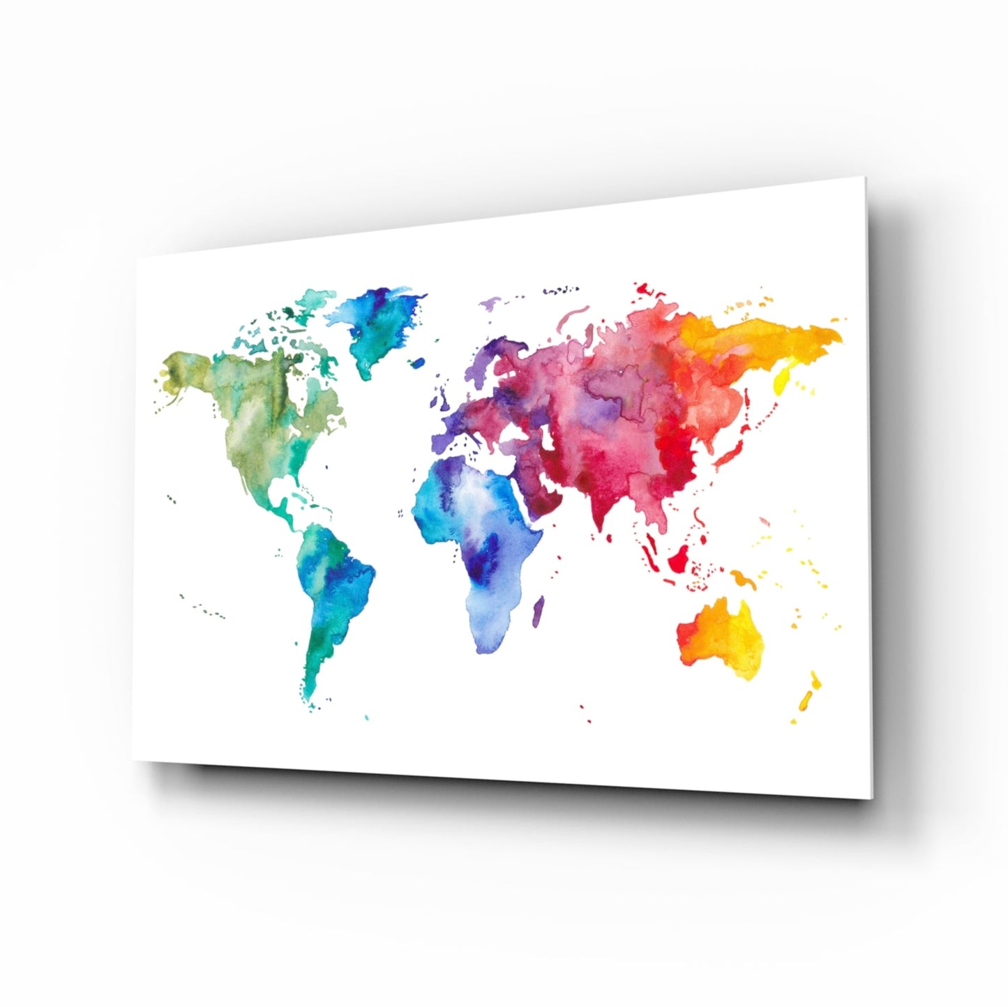 Rainbow Watercolor World Map Glass Wall Art