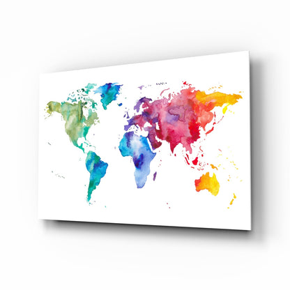 Rainbow Watercolor World Map Glass Wall Art