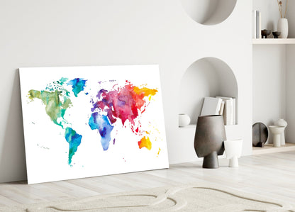 Rainbow Watercolor World Map Glass Wall Art