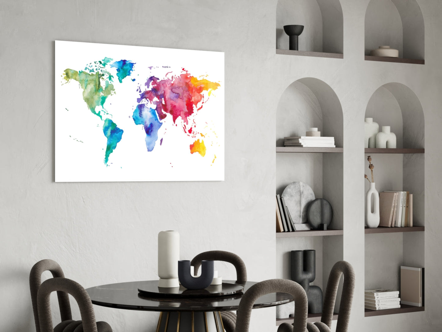 Rainbow Watercolor World Map Glass Wall Art