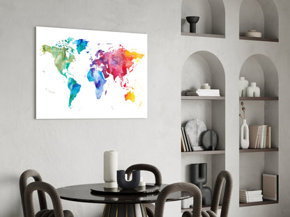 Rainbow Watercolor World Map Glass Wall Art