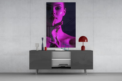 Magenta Light Shush Woman Glass Wall Art
