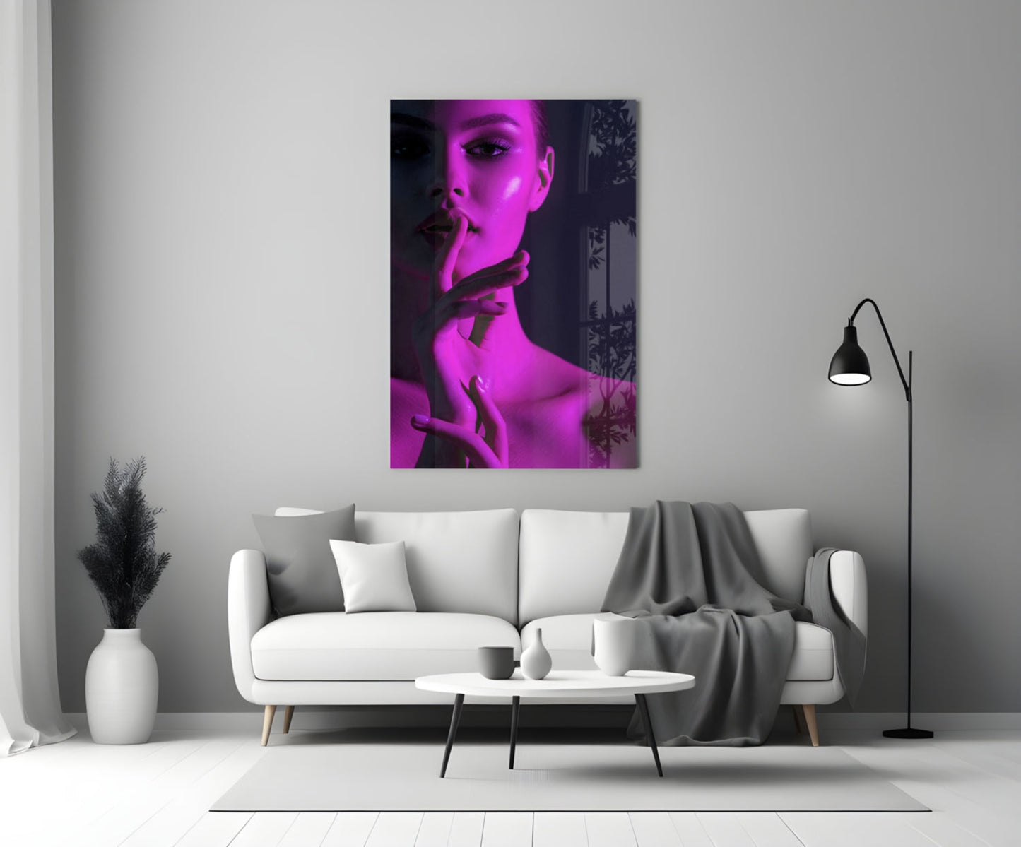 Magenta Light Shush Woman Glass Wall Art