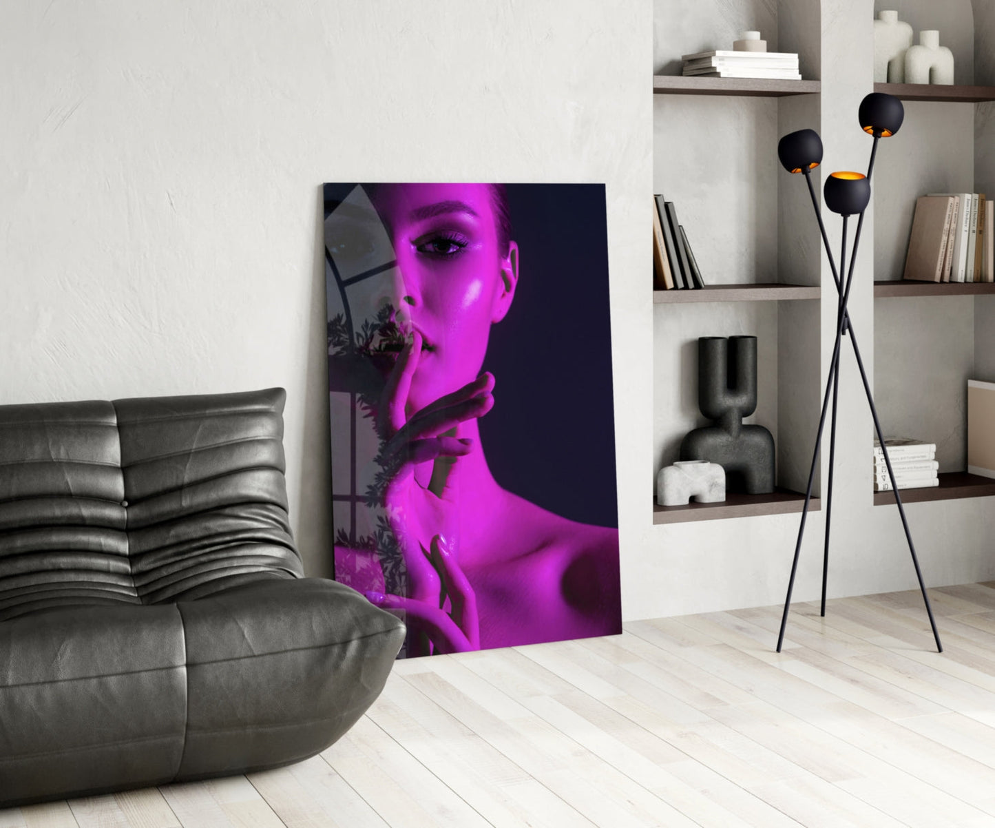 Magenta Light Shush Woman Glass Wall Art
