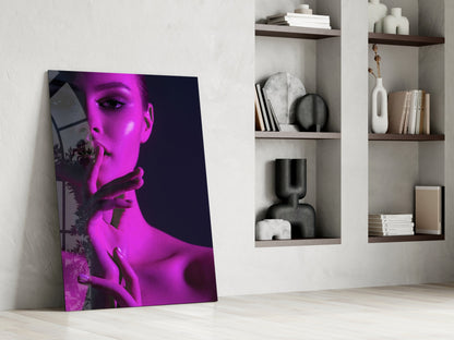 Magenta Light Shush Woman Glass Wall Art