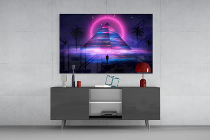 Neon Halo Pyramid Retrowave Glass Wall Art