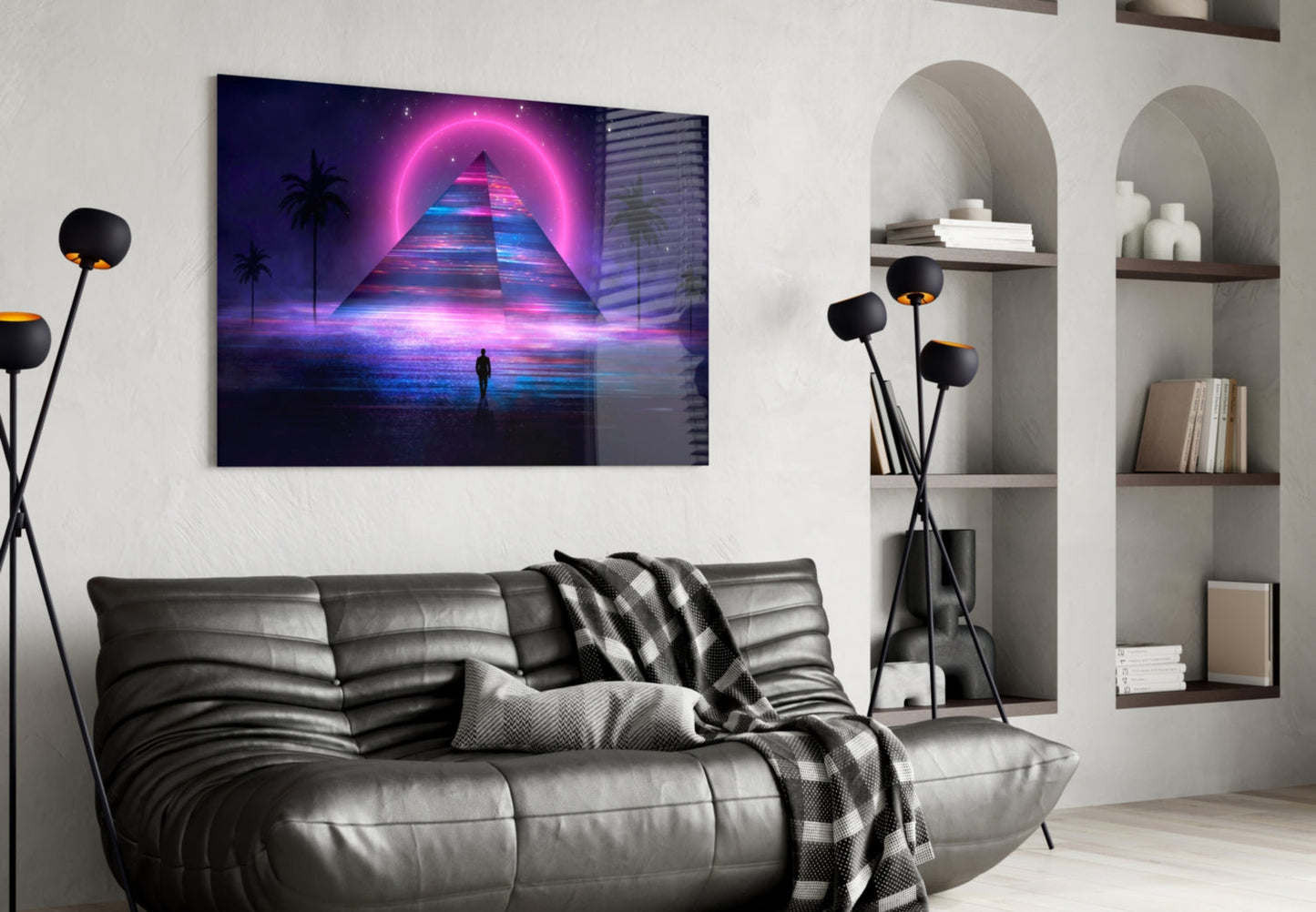 Neon Halo Pyramid Retrowave Glass Wall Art