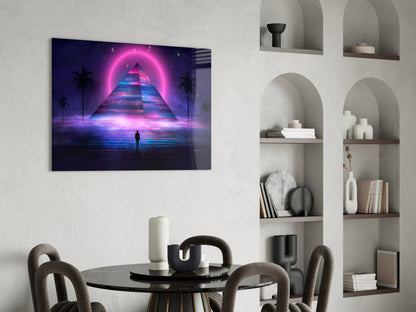 Neon Halo Pyramid Retrowave Glass Wall Art