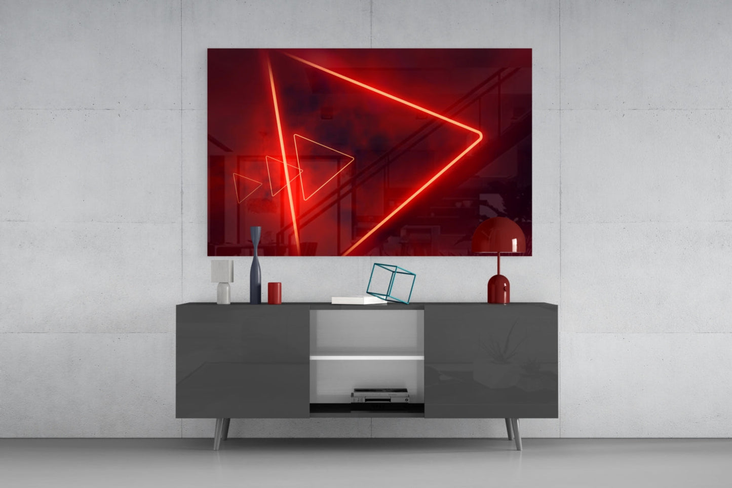 Red Neon Triangle Marble Glass Wall Art