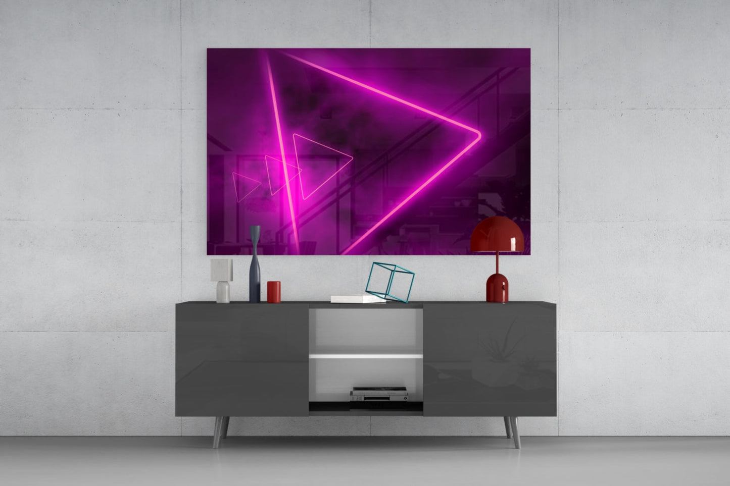 Pink Neon Triangle Marble Glass Wall Art