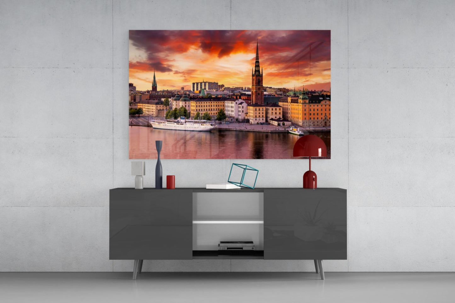 Stockholm Fiery Orange Sunset Old Town Glass Wall Art