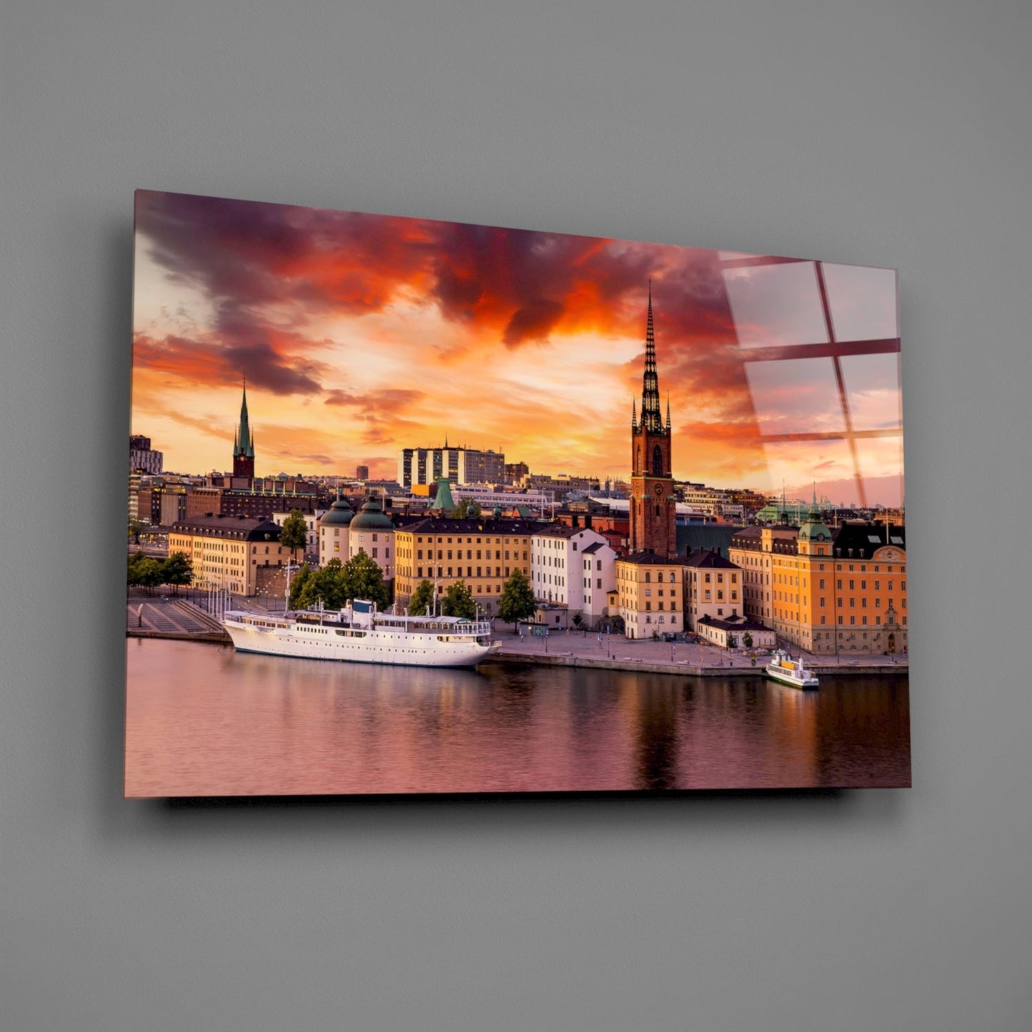 Stockholm Fiery Orange Sunset Old Town Glass Wall Art