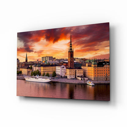 Stockholm Fiery Orange Sunset Old Town Glass Wall Art