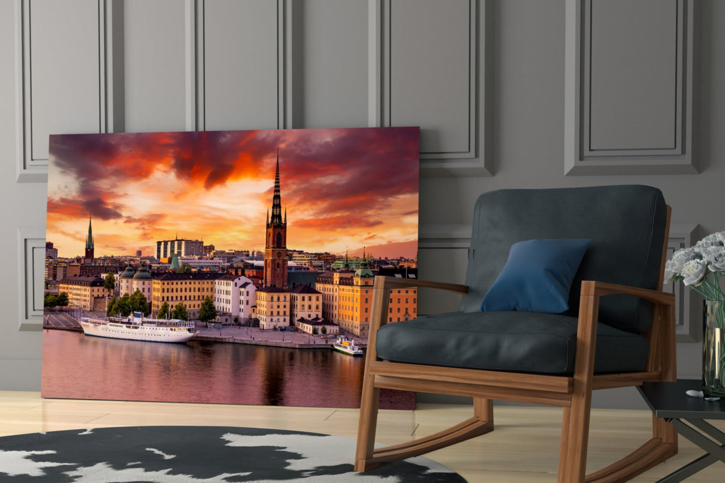 Stockholm Fiery Orange Sunset Old Town Glass Wall Art