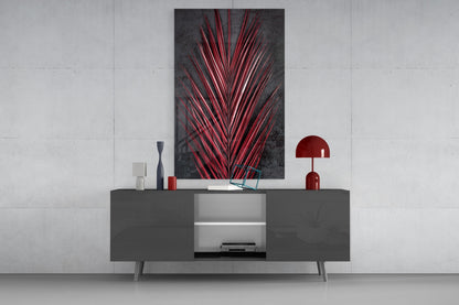 Crimson Red Palm Frond Areca Bunch Glass Wall Art