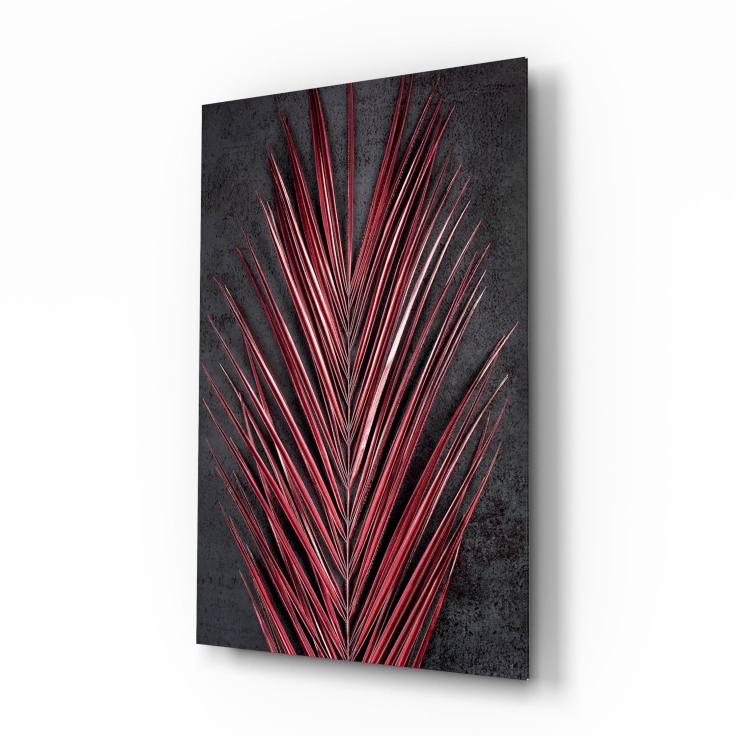 Crimson Red Palm Frond Areca Bunch Glass Wall Art