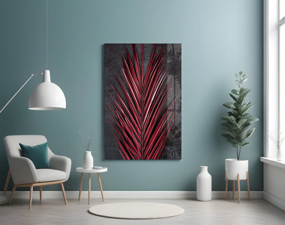 Crimson Red Palm Frond Areca Bunch Glass Wall Art