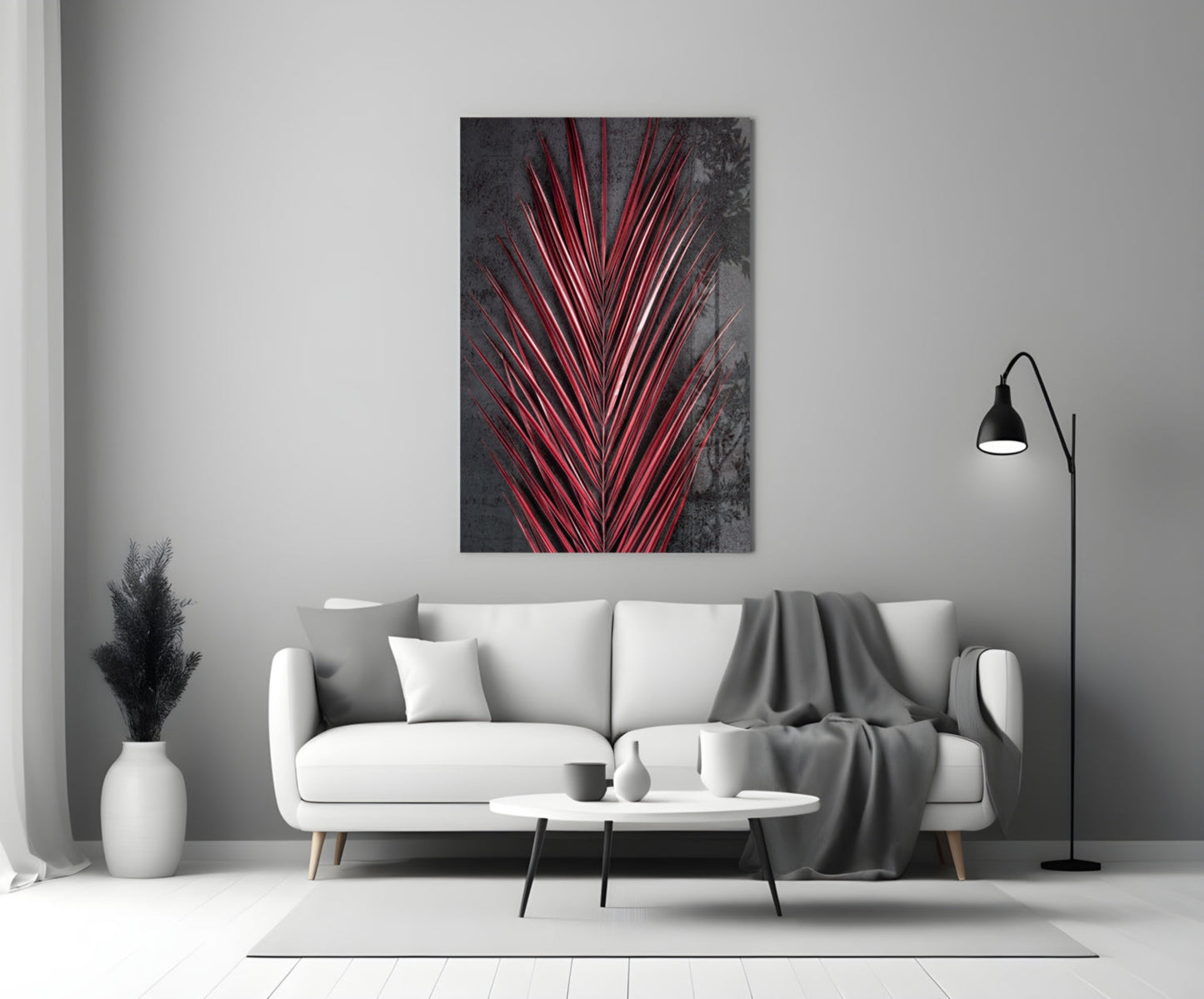 Crimson Red Palm Frond Areca Bunch Glass Wall Art
