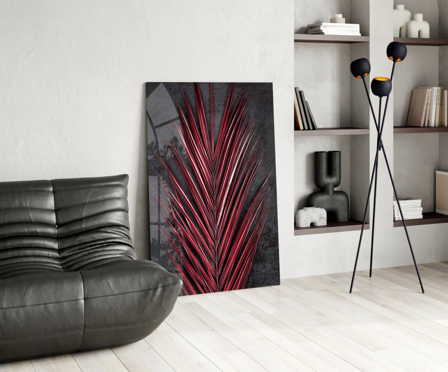 Crimson Red Palm Frond Areca Bunch Glass Wall Art