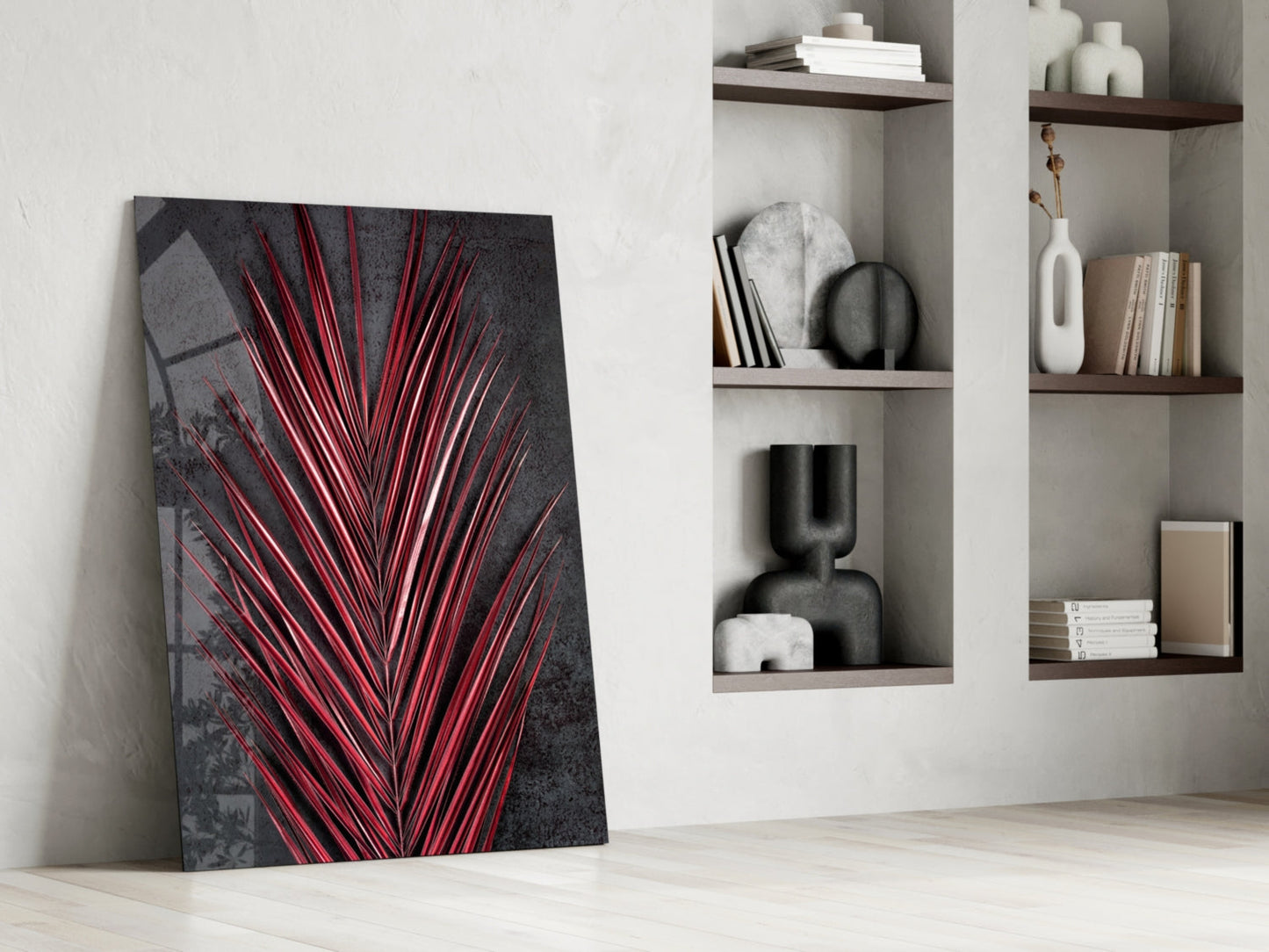 Crimson Red Palm Frond Areca Bunch Glass Wall Art