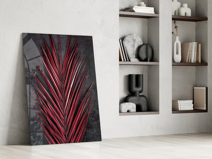 Crimson Red Palm Frond Areca Bunch Glass Wall Art