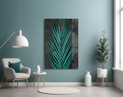 Turquoise Palm Frond Areca Bunch Glass Wall Art