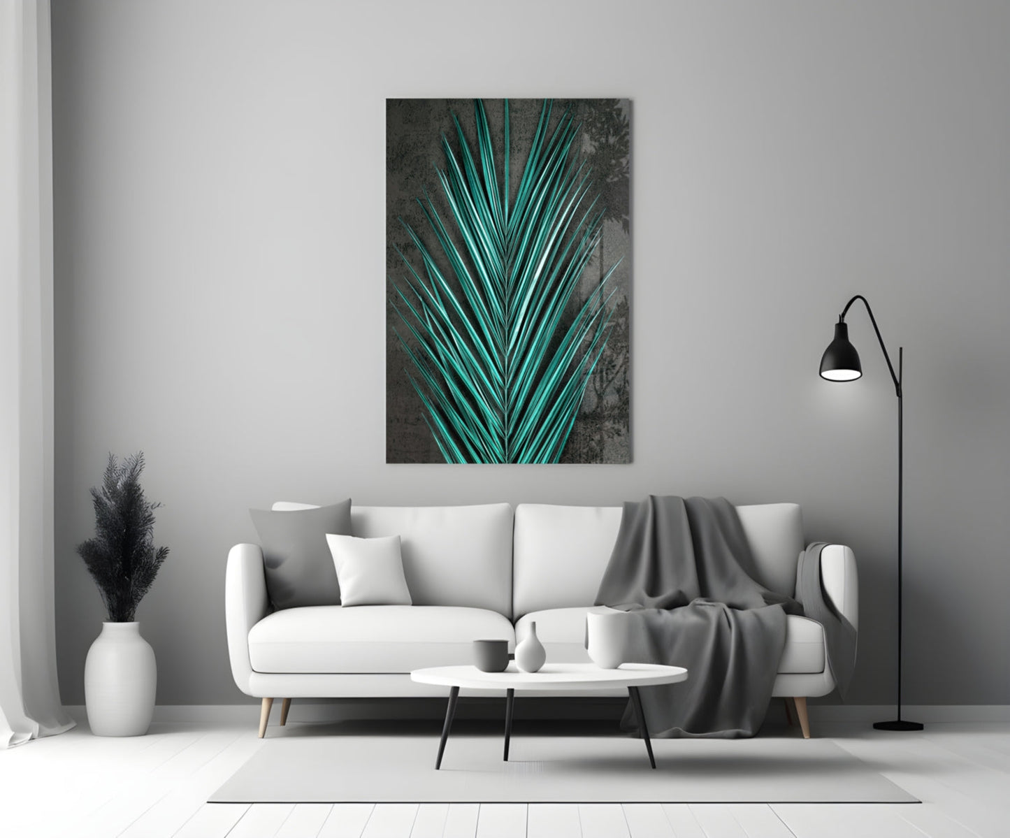 Turquoise Palm Frond Areca Bunch Glass Wall Art