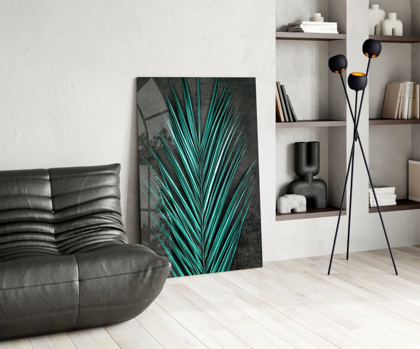 Turquoise Palm Frond Areca Bunch Glass Wall Art