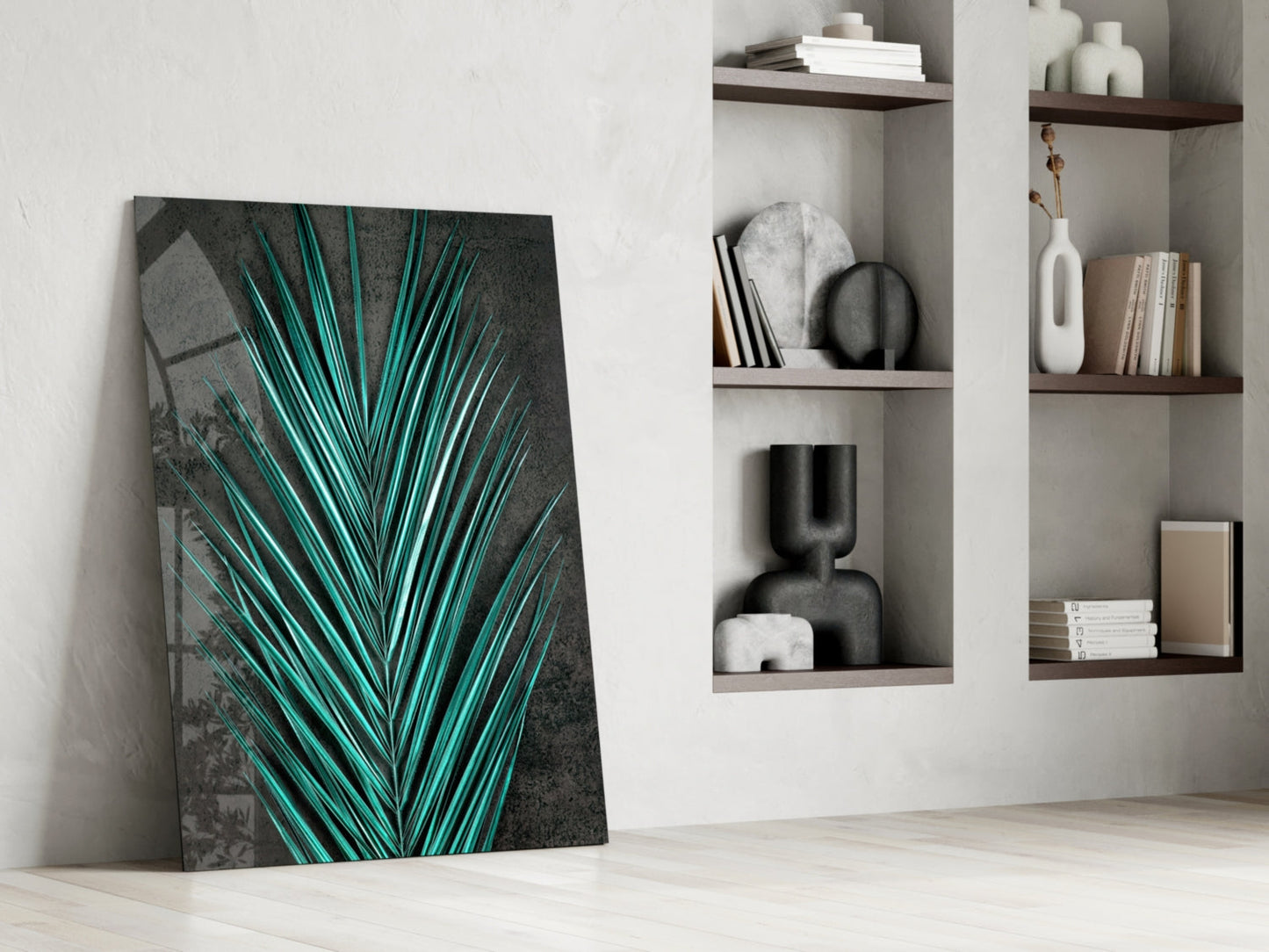 Turquoise Palm Frond Areca Bunch Glass Wall Art