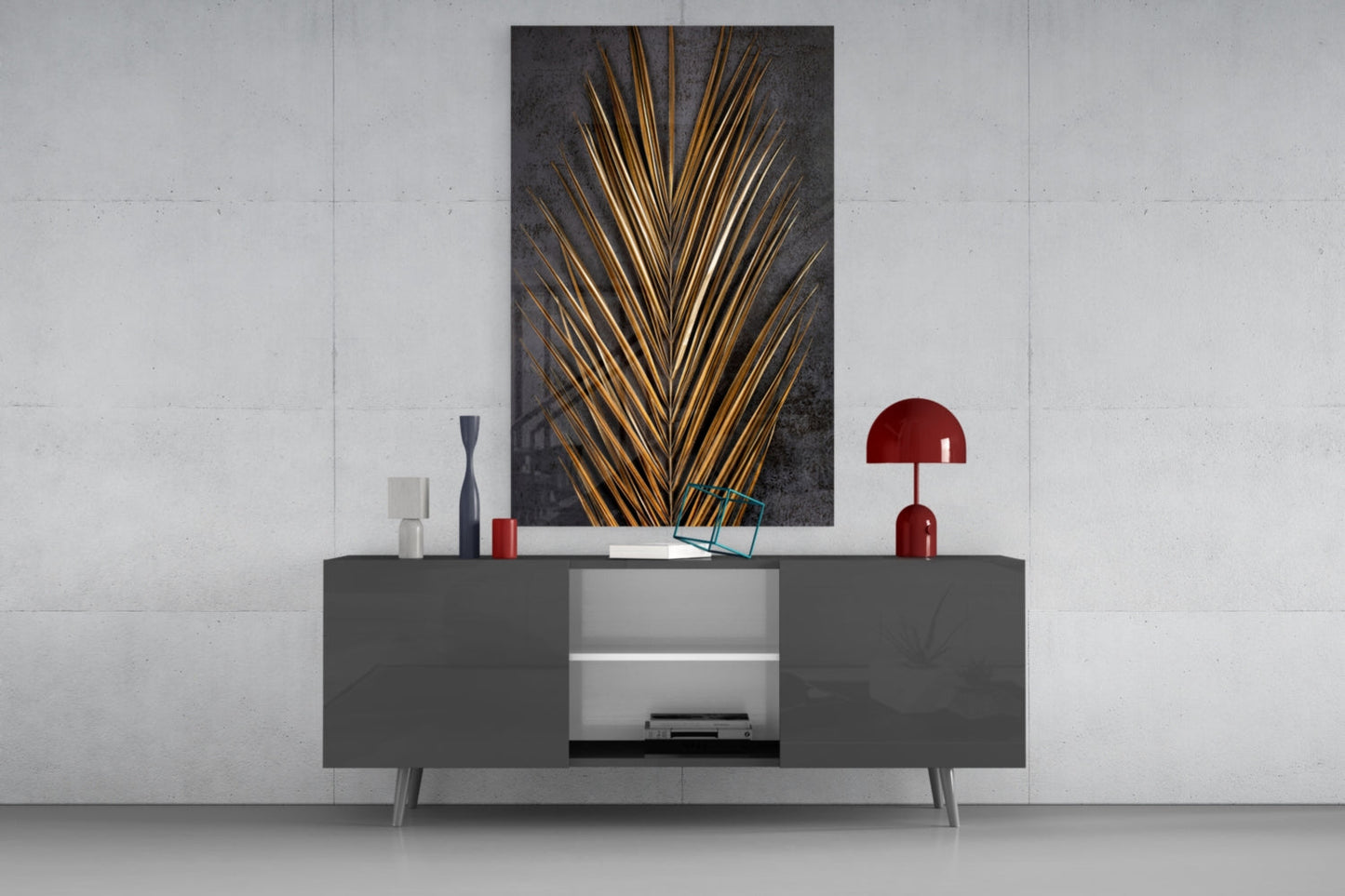 Golden Bronze Palm Frond Areca Bunch Glass Wall Art
